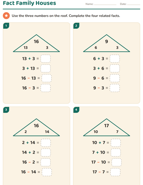 Preview of Fact Families worksheet for grade 1