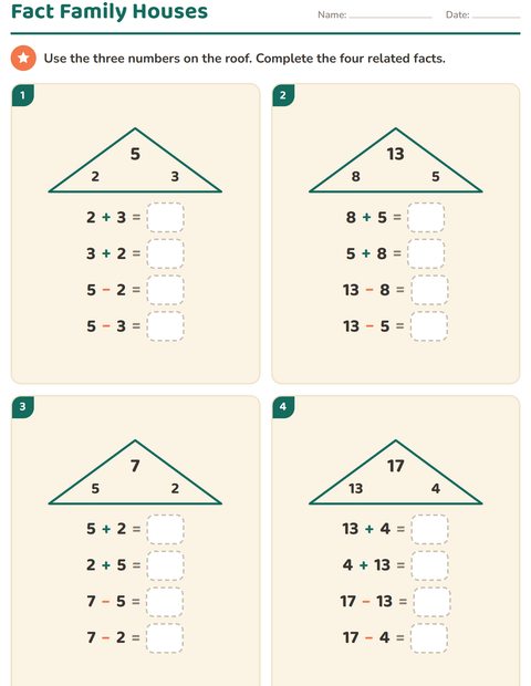 Preview of Fact Families worksheet for grade 1