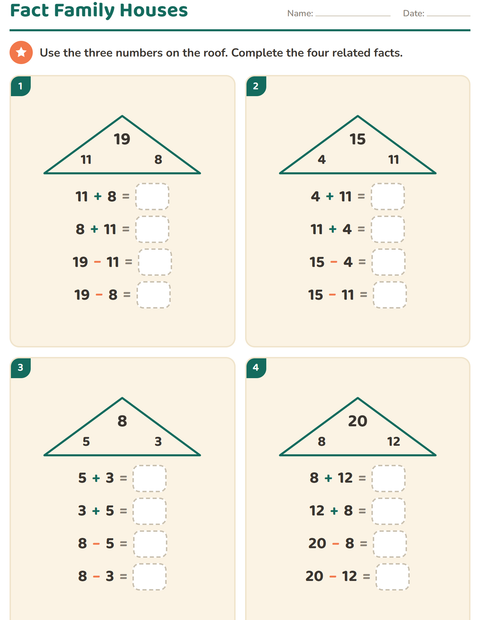 Preview of Fact Families worksheet for grade 1