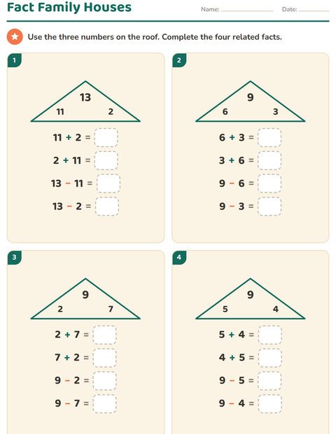 Preview of Fact Families worksheet for grade 1