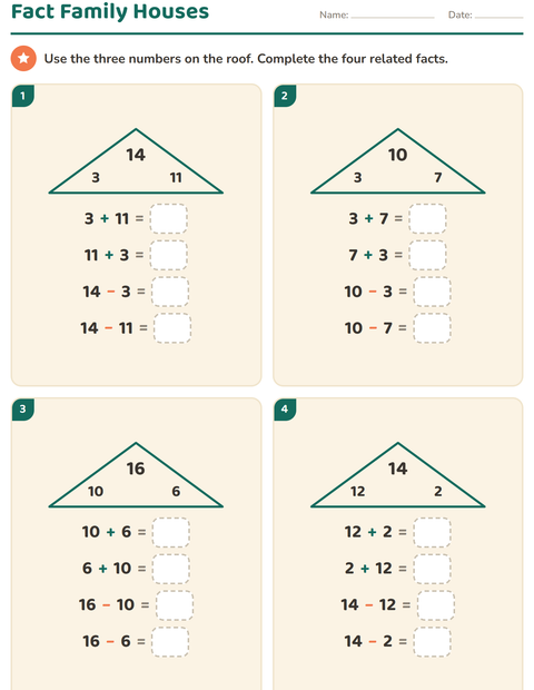 Fact Family Houses: Four Facts from Three Numbers