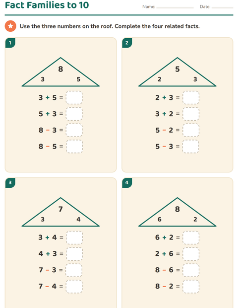 Fact Families to 10: Four Houses, Small Numbers