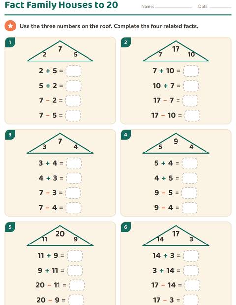 Preview of Fact Families worksheet for grade 1