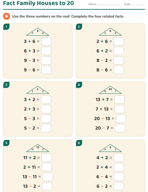 Fact Family Houses to 20: Six Roofs to Fill