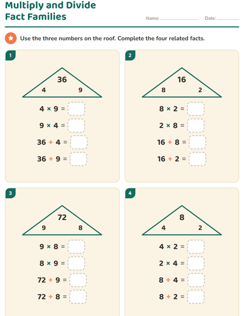 Preview of Fact Families worksheet for grade 3