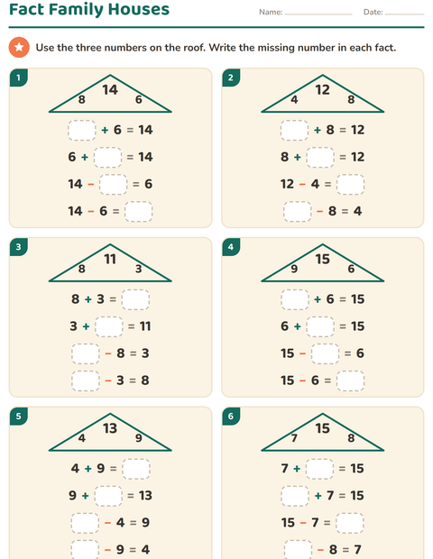 Preview of Fact Families worksheet for grade 1