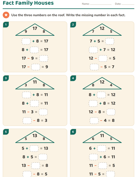 Preview of Fact Families worksheet for grade 1