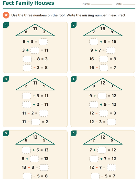 Preview of Fact Families worksheet for grade 1