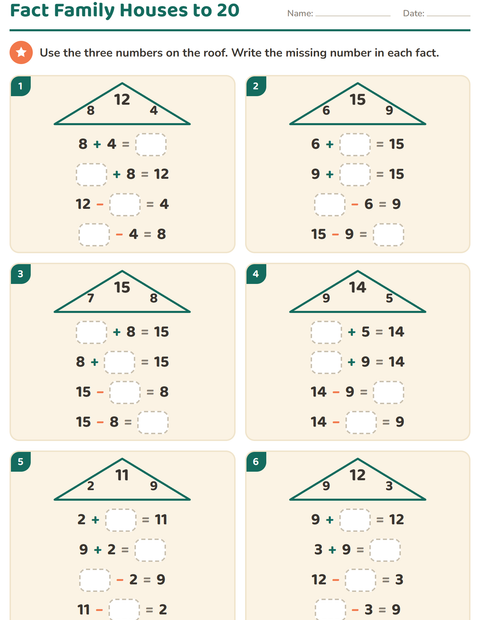 Preview of Fact Families worksheet for grade 1