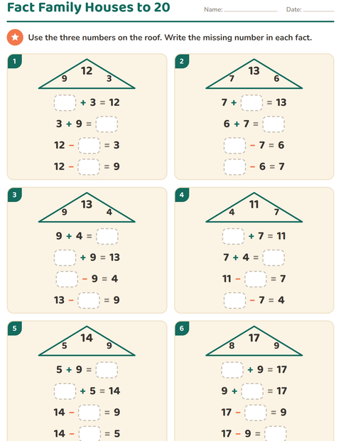 Preview of Fact Families worksheet for grade 1