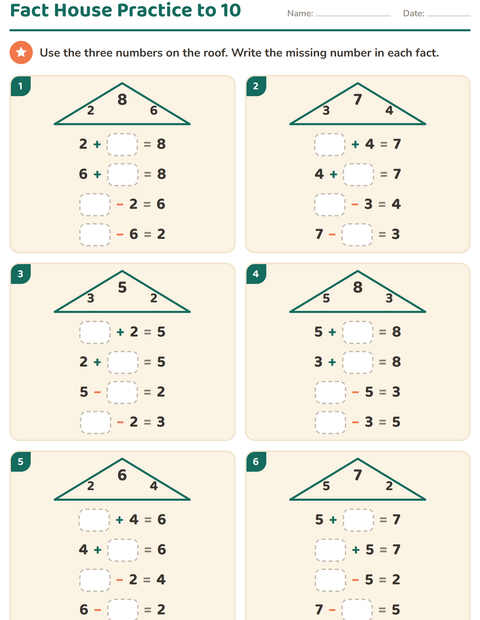 Preview of Fact Families worksheet for grade 1