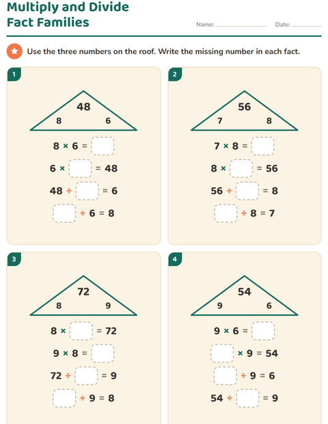 Preview of Fact Families worksheet for grade 3