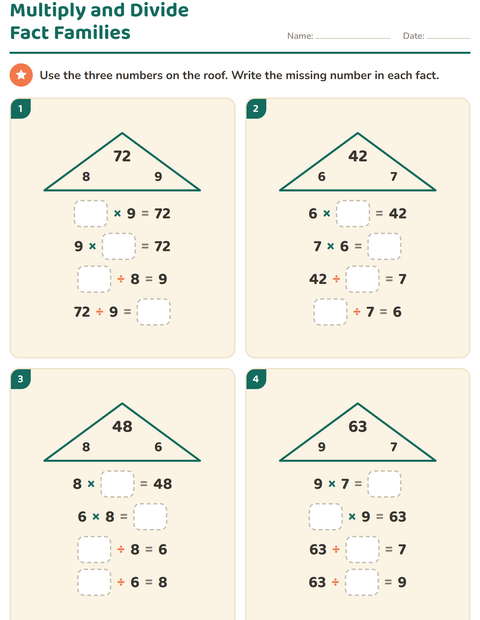 Preview of Fact Families worksheet for grade 3