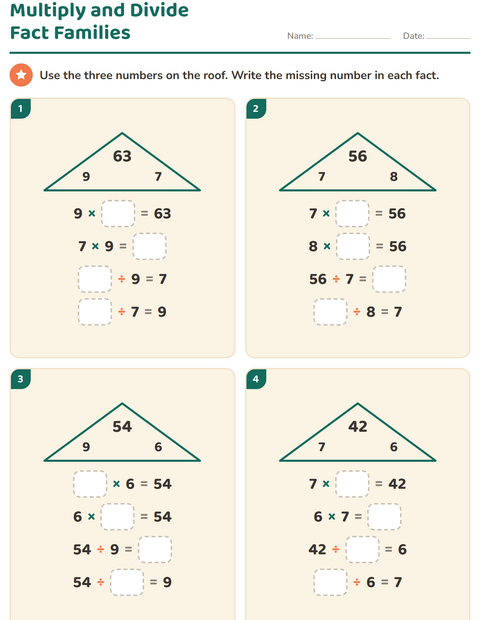 Preview of Fact Families worksheet for grade 3
