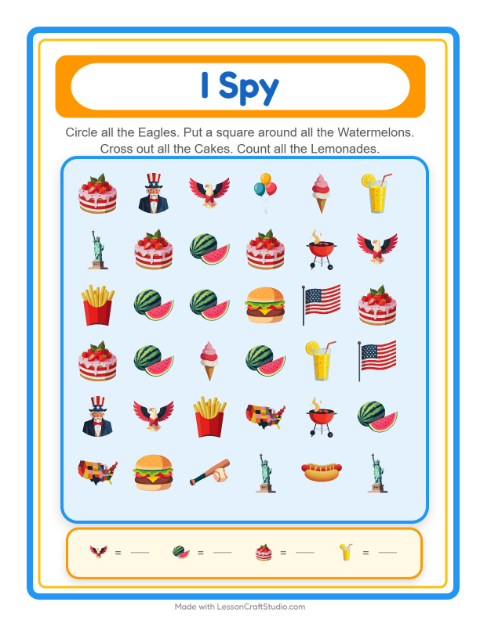 Preview of Find Objects worksheet featuring 4th of July for kindergarten