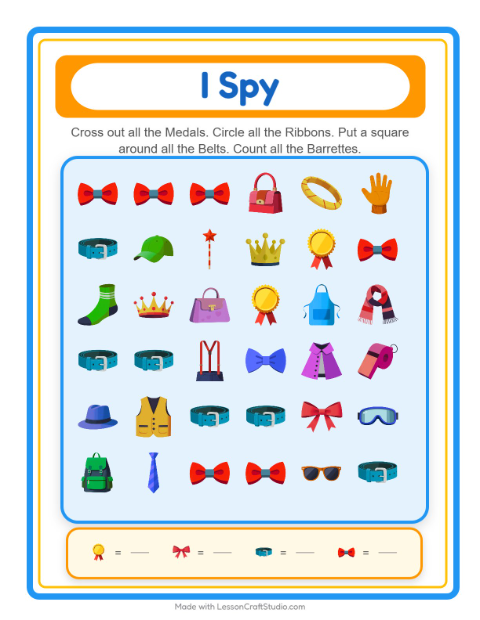 Preview of Find Objects worksheet featuring Accessories for kindergarten