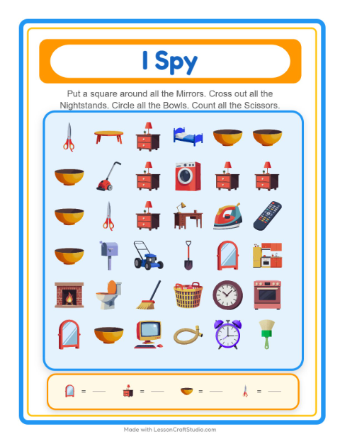 Preview of Find And Count worksheet featuring Around the House for kindergarten