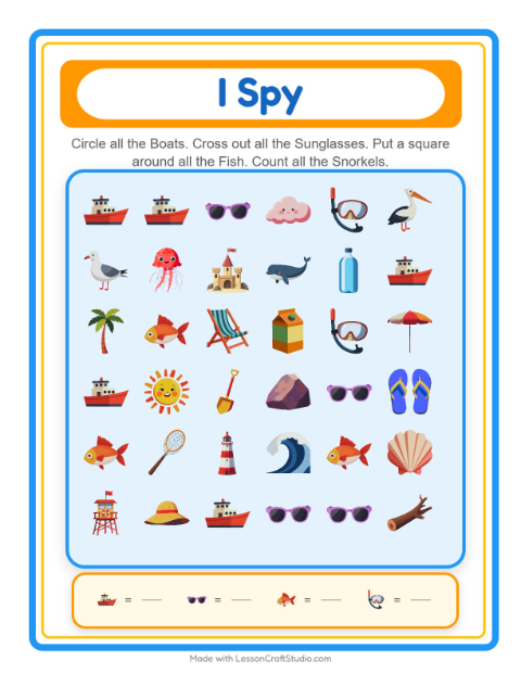 Preview of Find Objects worksheet featuring Beach for kindergarten