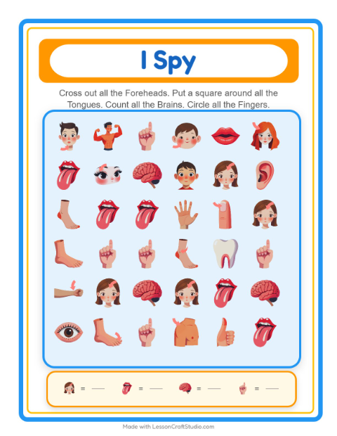 Preview of Find And Count worksheet featuring Body Parts for kindergarten