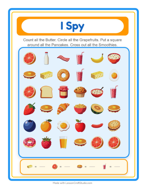 Preview of Find Objects worksheet featuring Breakfast for kindergarten