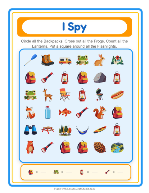 Preview of Find And Count worksheet featuring Camping for kindergarten