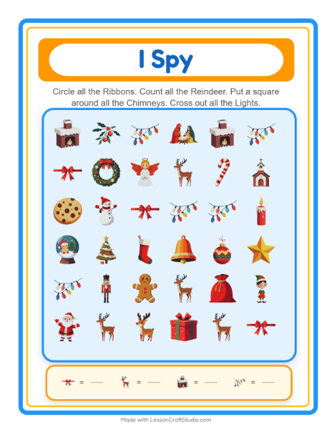 Preview of Find And Count worksheet featuring Christmas for kindergarten