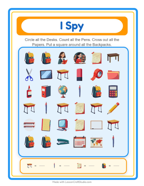 Preview of Find And Count worksheet featuring Classroom for kindergarten