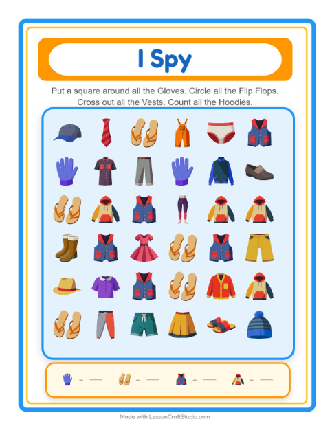Preview of Find Objects worksheet featuring Clothing for kindergarten