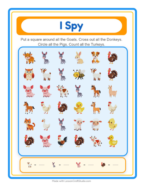 Preview of Find Objects worksheet featuring Farm Animals for kindergarten