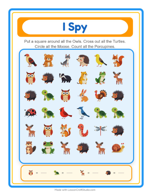 Preview of Find Objects worksheet featuring Forest Creatures for kindergarten