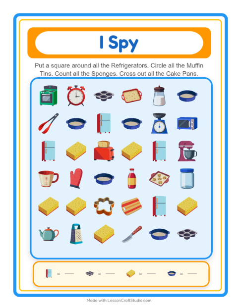 Preview of Find Objects worksheet featuring Kitchen Tools for kindergarten