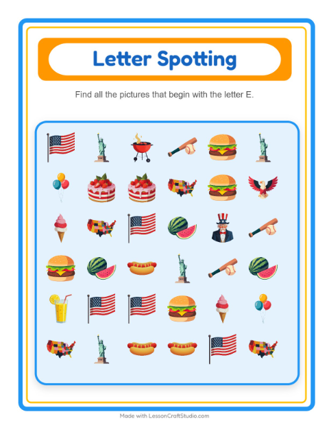 Preview of Beginning Sounds with Fourth of July Things — Letter E