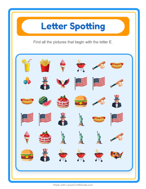 Beginning Sounds with Fourth of July Things — Letter E — 2
