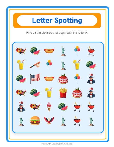 Beginning Sounds with Fourth of July Things — Letter F