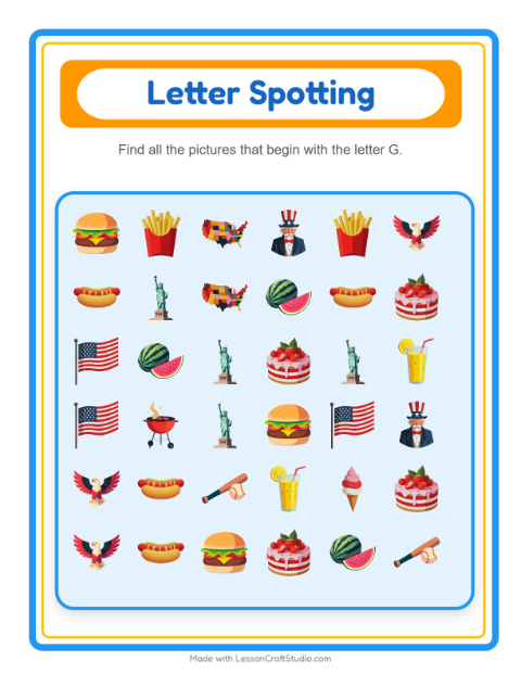 Beginning Sounds with Fourth of July Things — Letter G