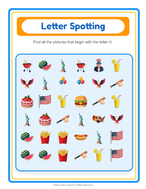 Preview of Beginning Sounds with Fourth of July Things — Letter U