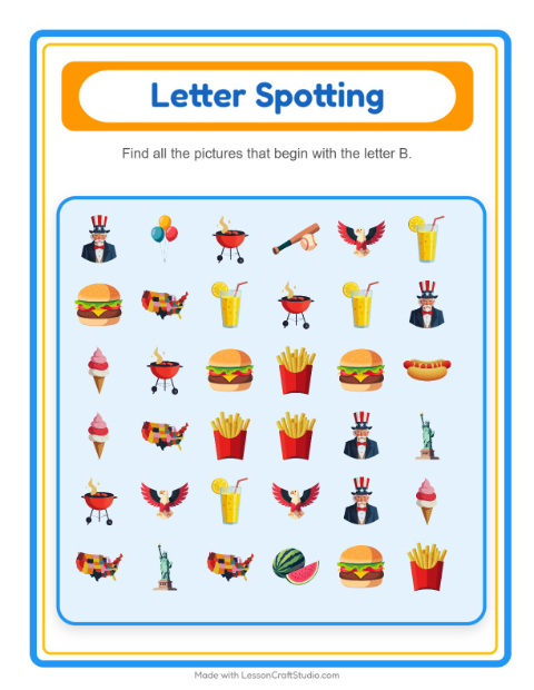 Beginning Sounds with Fourth of July Things — Letter B