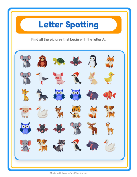 Preview of Beginning Sounds with Animals — Letter A