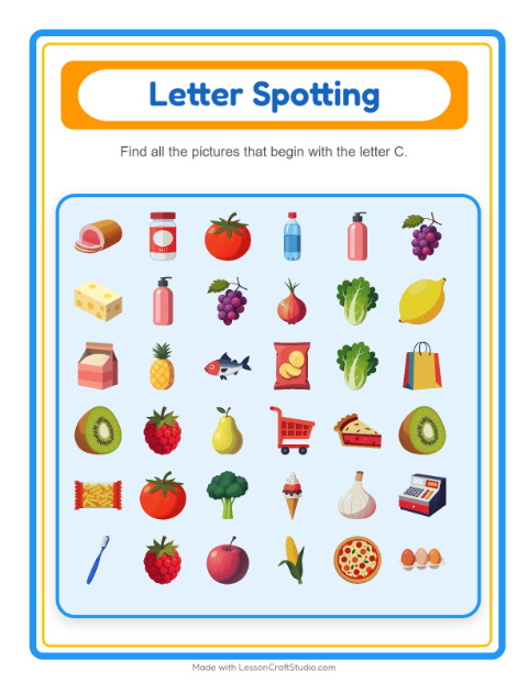 Preview of Find And Count worksheet featuring At the Supermarket for preschool