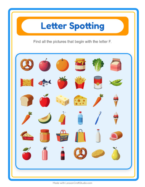 Preview of Beginning Sounds with Supermarket Things — Letter F