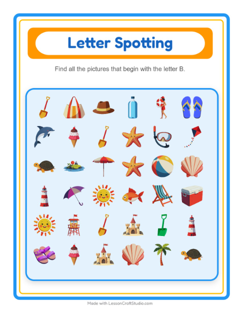 Beginning Sounds with Beach Things — Letter B — 2