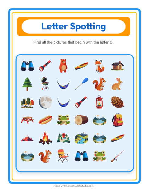 Beginning Sounds with Camping Gear — Letter C