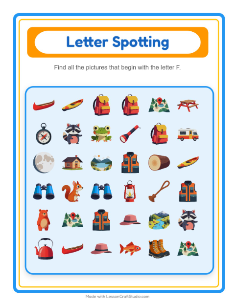 Beginning Sounds with Camping Gear — Letter F