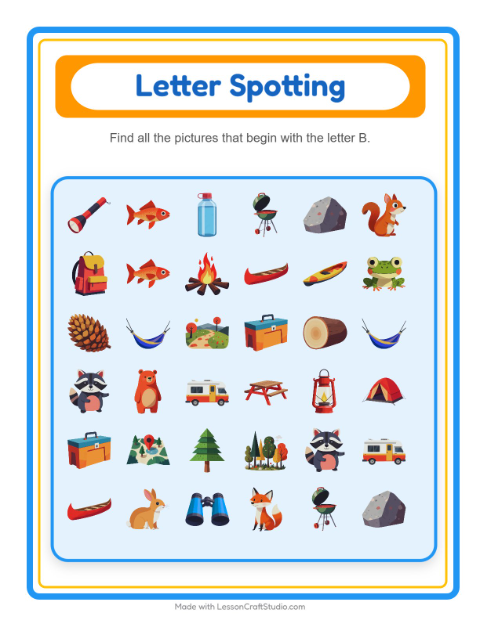 Beginning Sounds with Camping Gear — Letter B