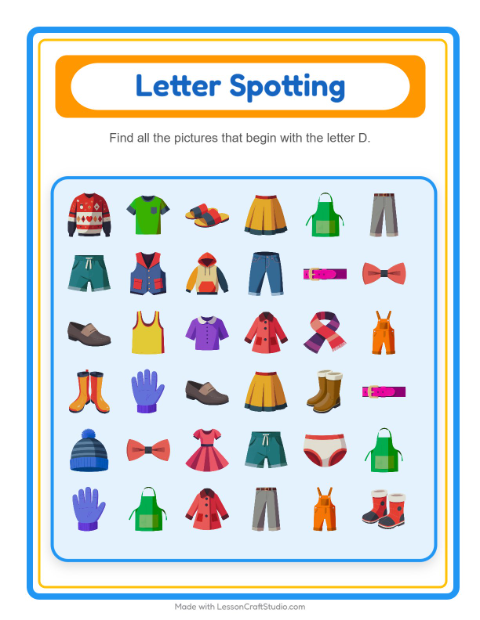 Beginning Sounds with Clothes — Letter D