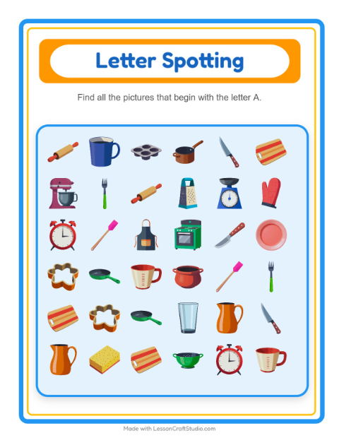 Preview of Beginning Sounds with Kitchen Tools — Letter A