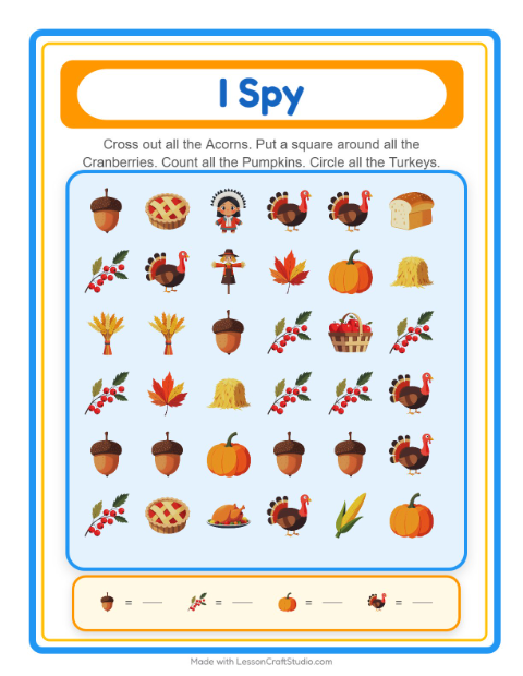 Preview of Find Objects worksheet featuring Thanksgiving for kindergarten