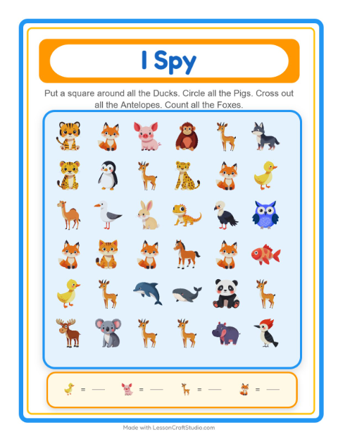 Preview of Find And Count worksheet featuring Animals for preschool