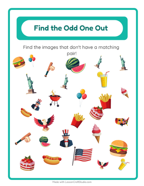Preview of Find Objects worksheet featuring 4th of July for kindergarten