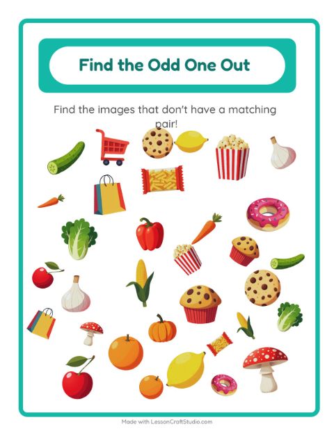 Preview of Find Objects worksheet featuring At the Supermarket for kindergarten